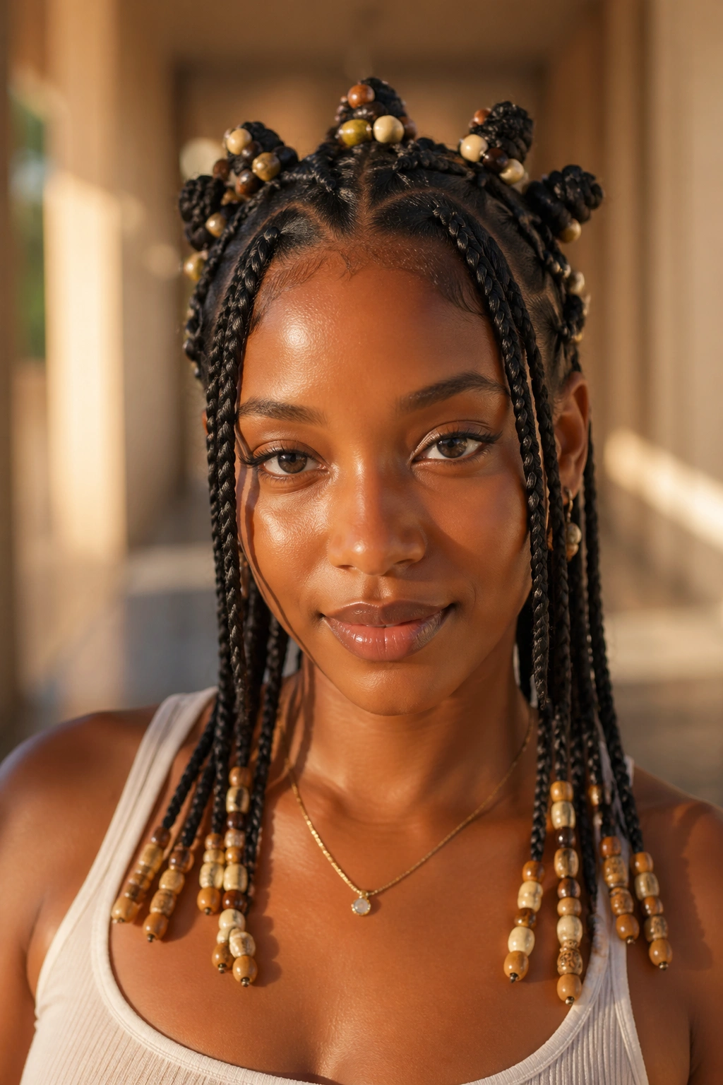 Close-up of a real woman with beaded Fulani braids and crown knots