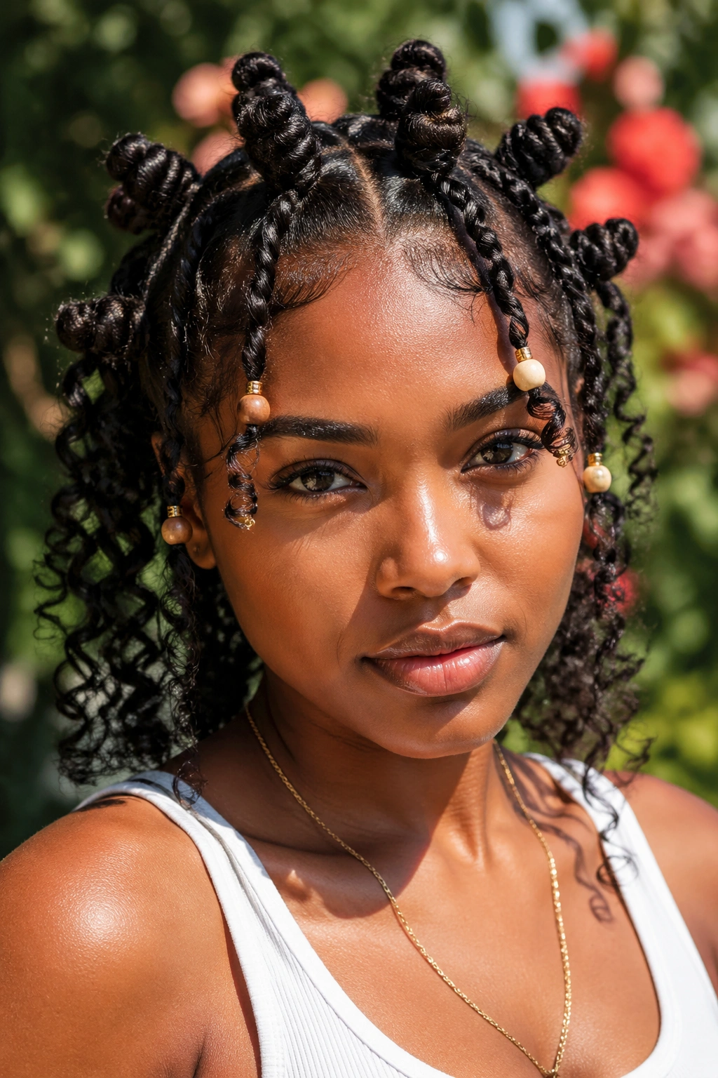 Close-up of a woman with beaded mini knots and curl clusters at the front