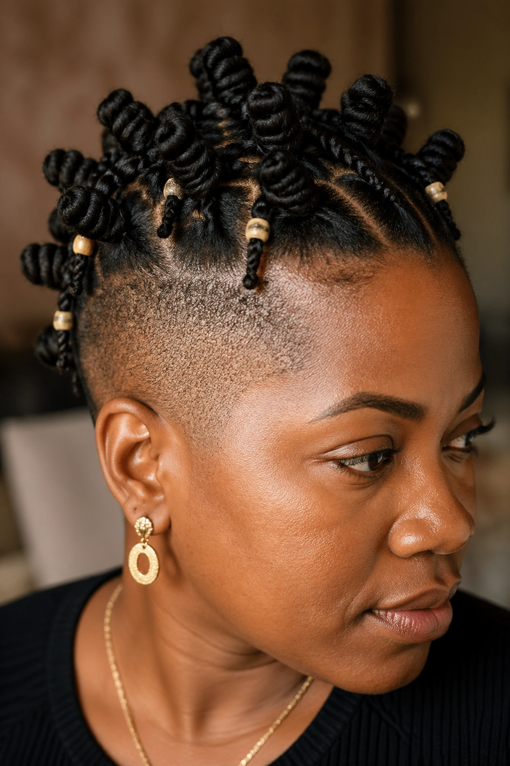 Portrait of a real person showing beaded knot ends above shaved temples