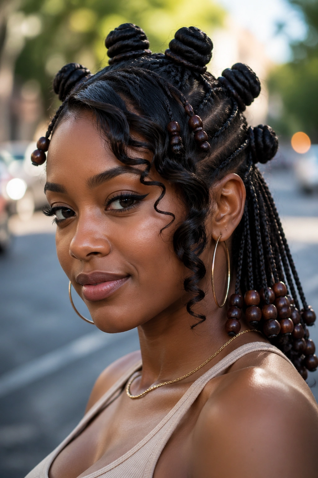 Close-up portrait of a real woman with beaded knots and side bang swirl