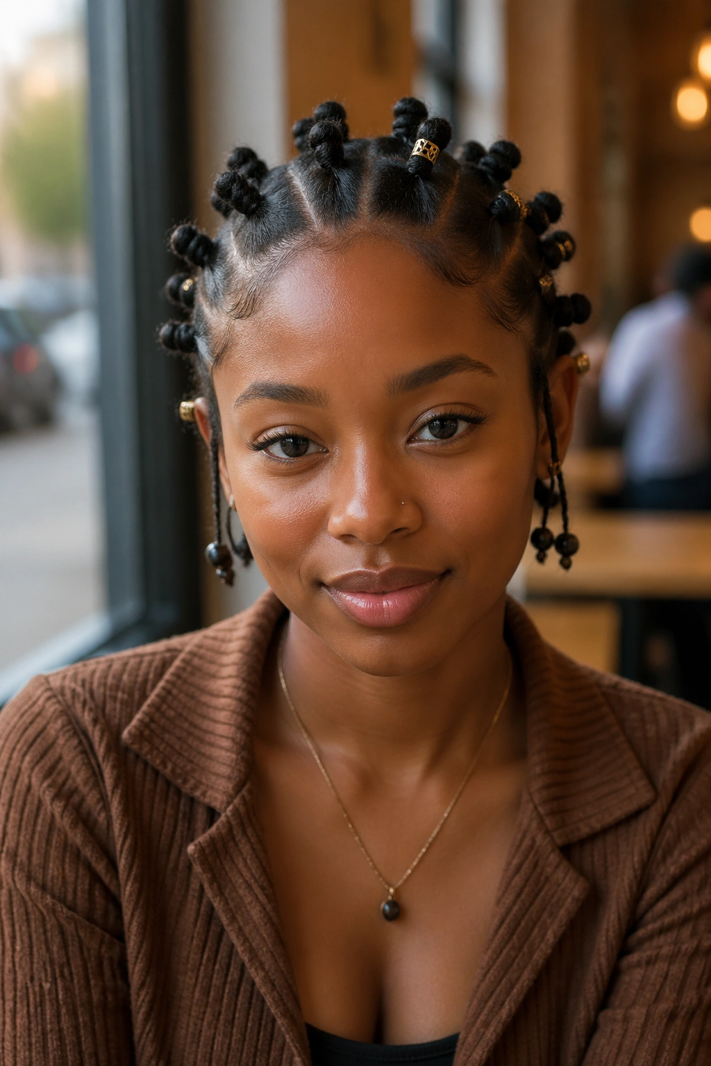 Real person with small Bantu knots accented by beads and cuffs