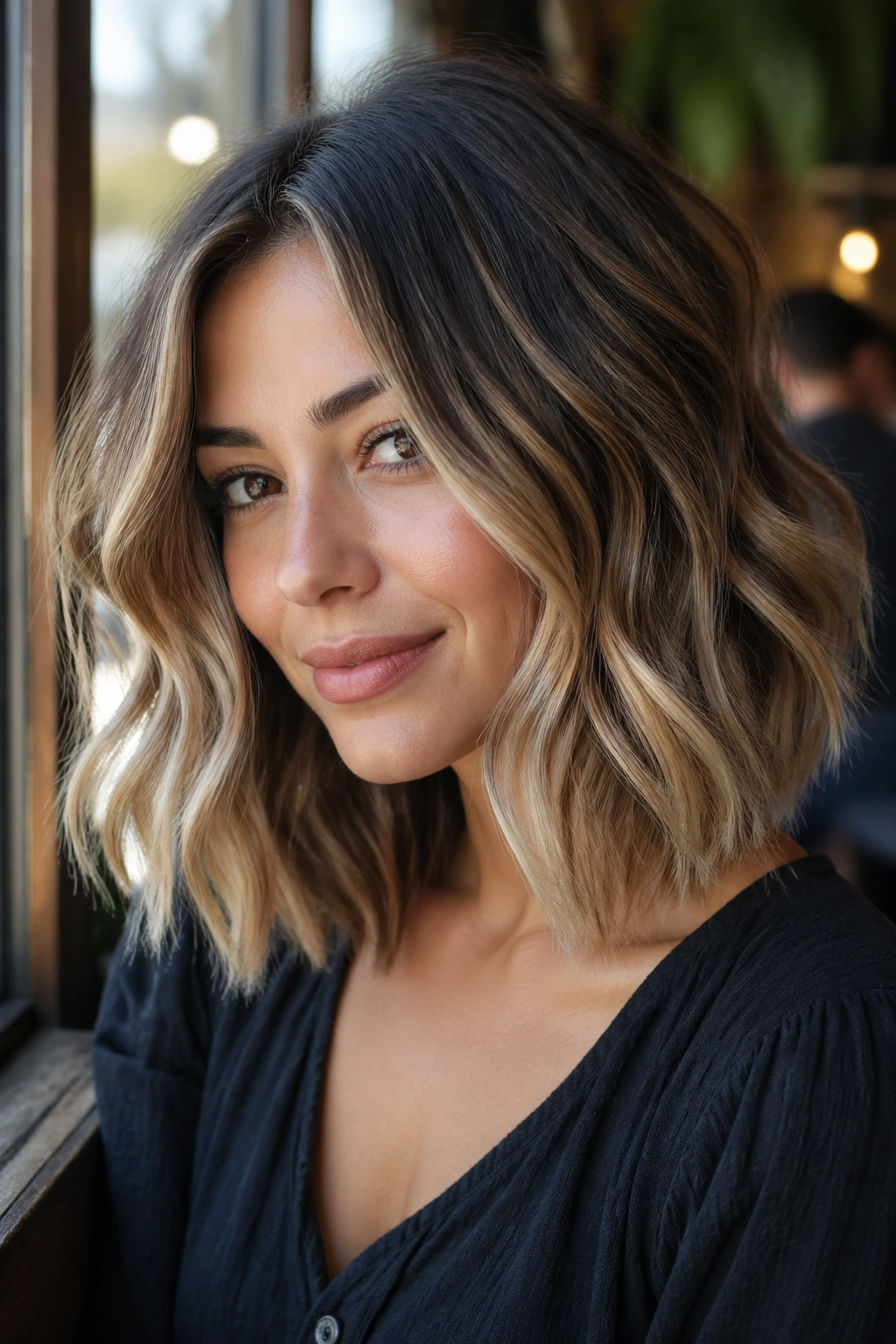 Close-up of a real woman with a wavy lob and beige balayage in soft daylight