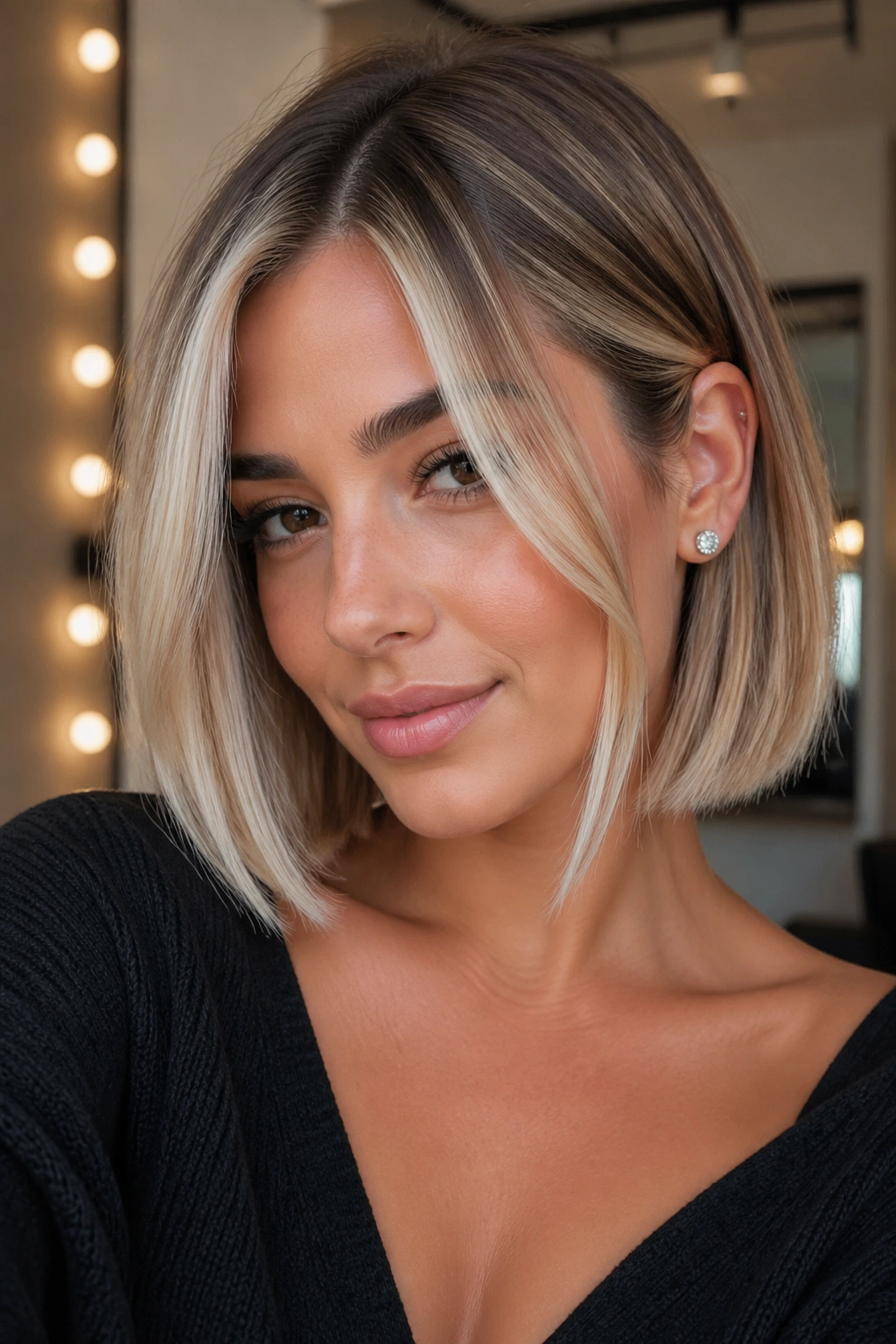 Real woman with beige blonde money-piece framing the face on a bob.