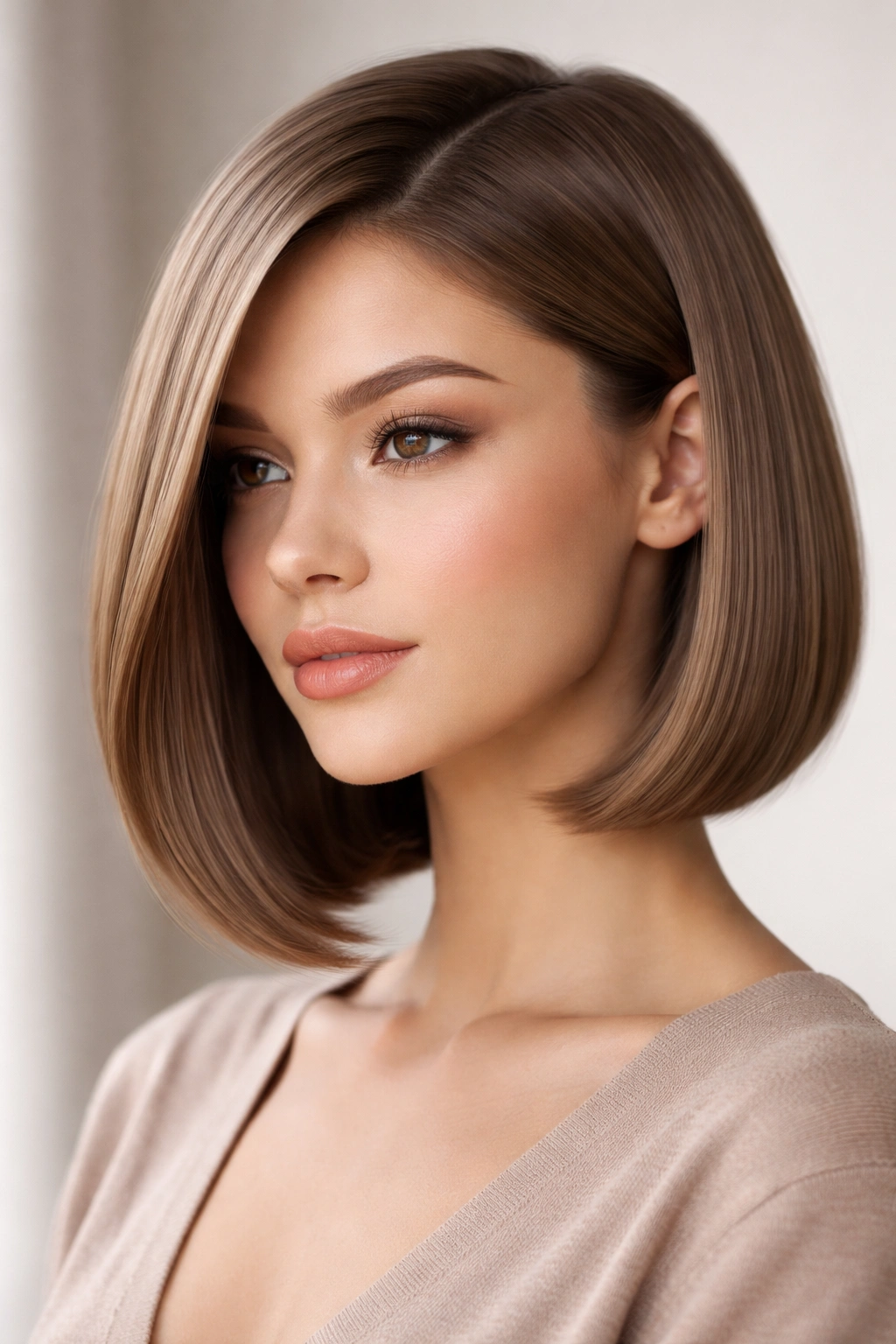 Close-up profile of a sleek beige gloss side-part bob with smooth, straight hair