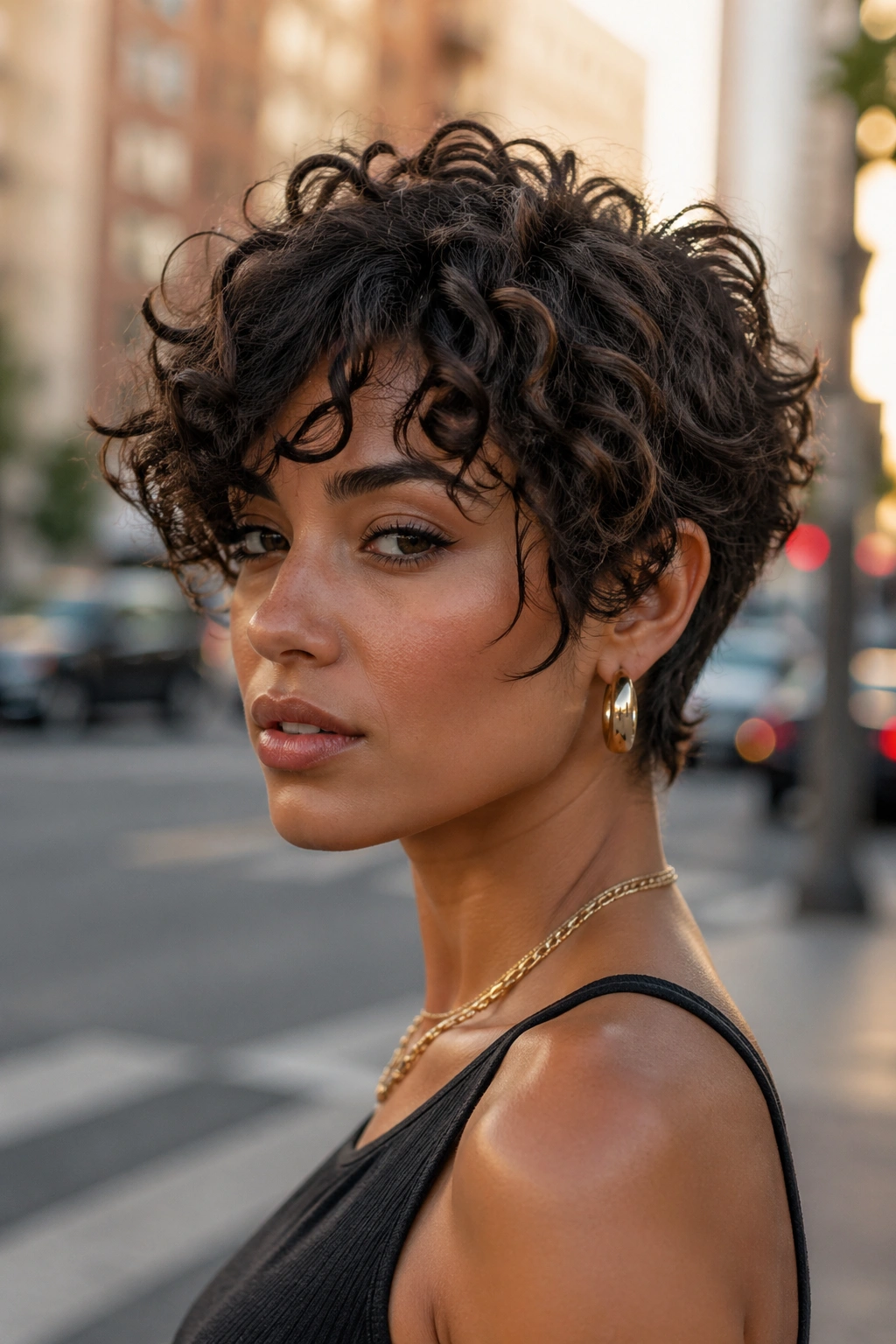 Close-up portrait of a real woman with a bixie cut on a city street during golden hour