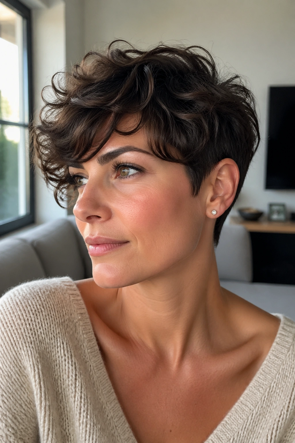 Close-up portrait of a real woman with bixie cut and side-swept bangs