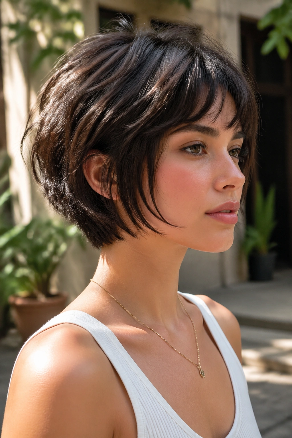 Close-up of a real person with a bixie-inspired French bob wolf cut