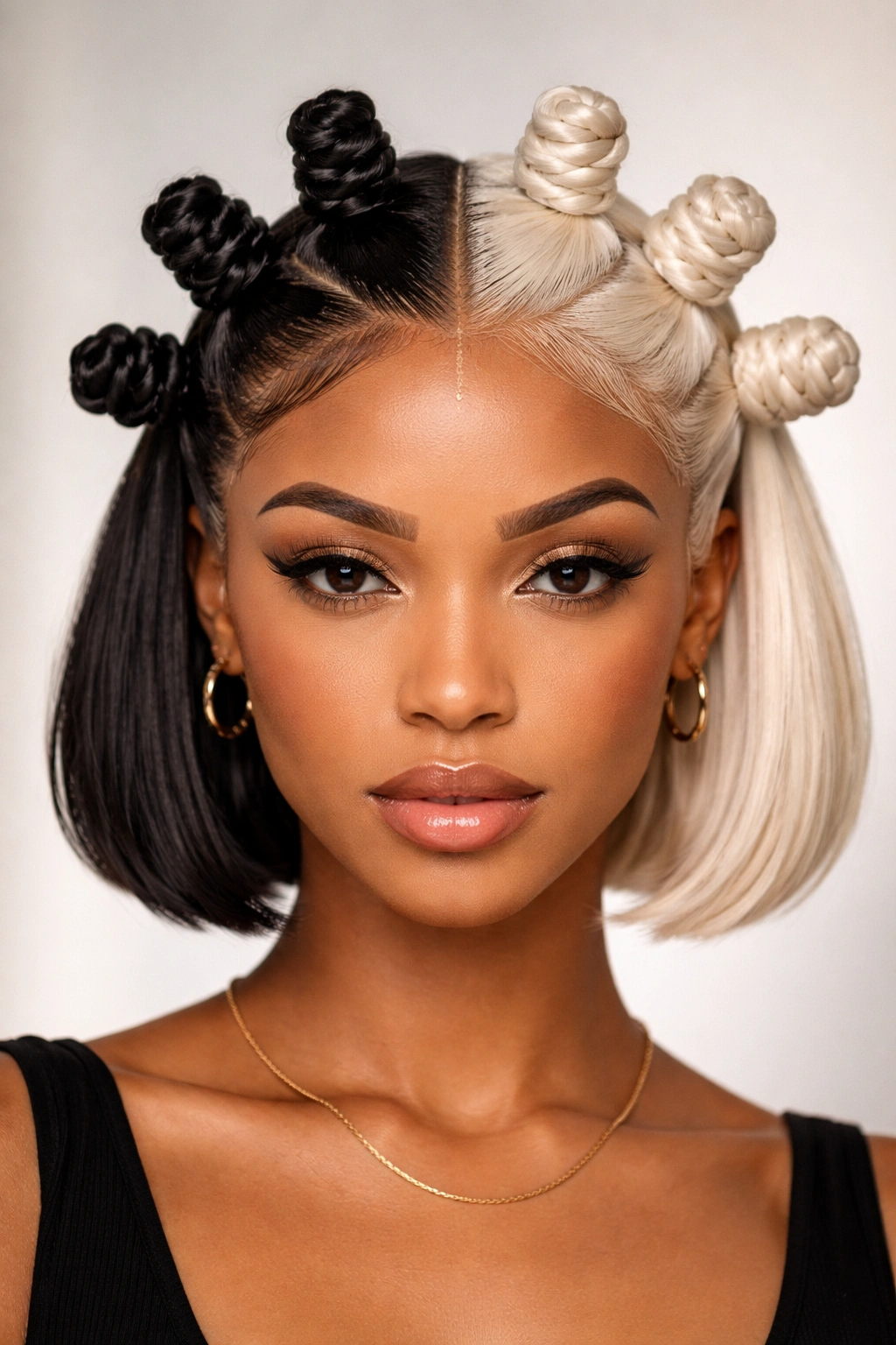 Split black and platinum knots with a center part on a bob