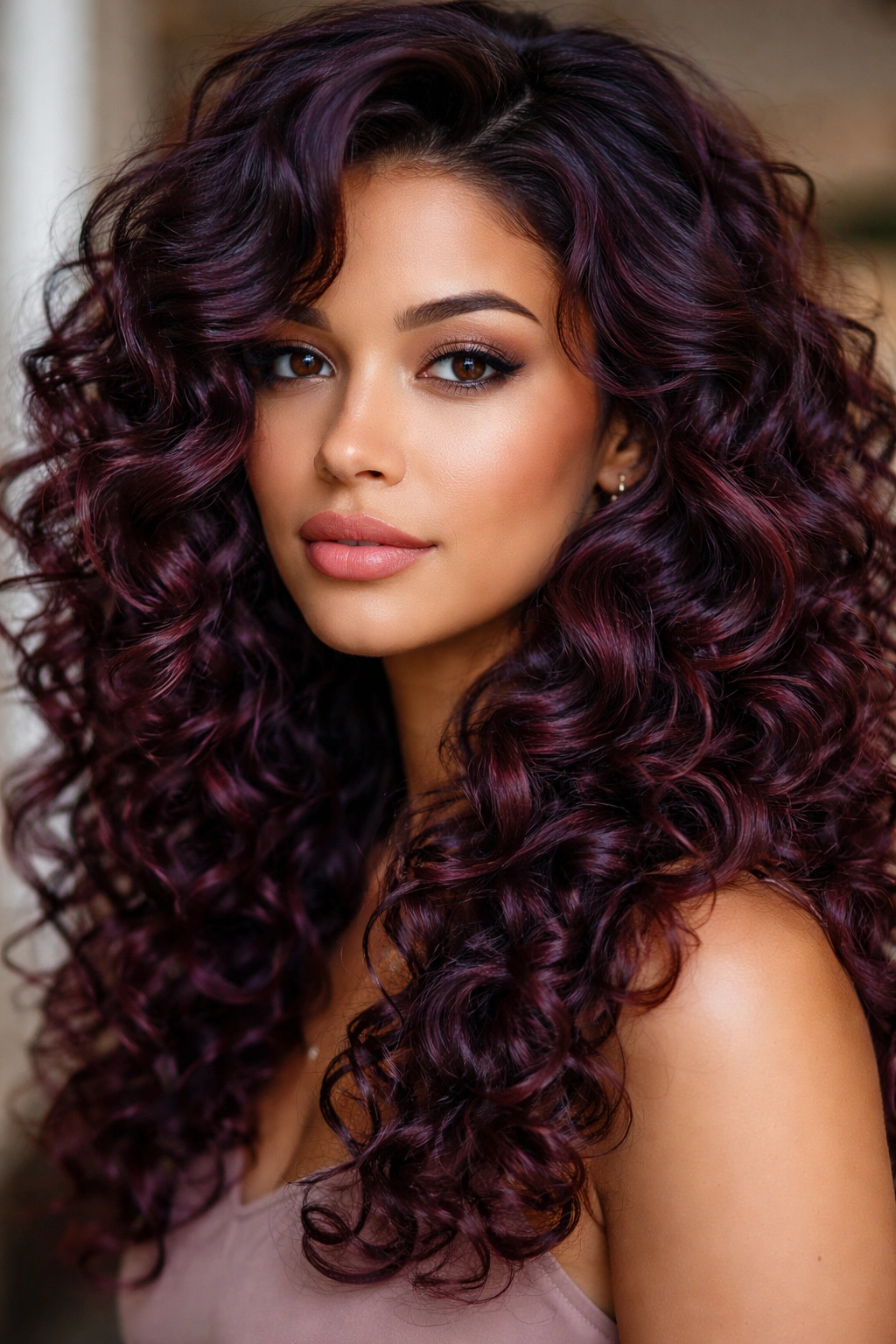 Close-up of curls in blackberry plum shade with purple-red depth