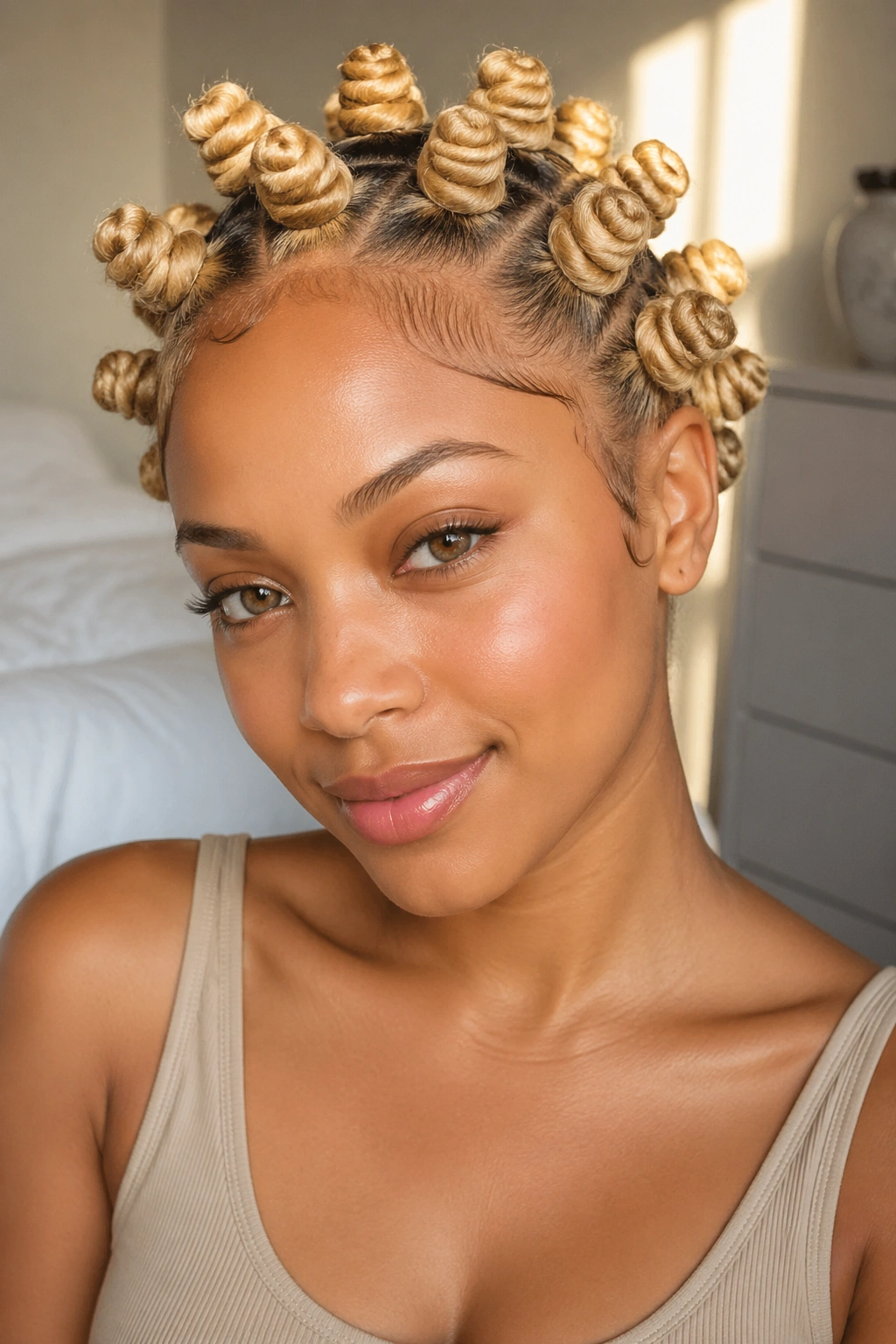 Close-up of a real person with a blonde Bantu knot bob halo around the head.