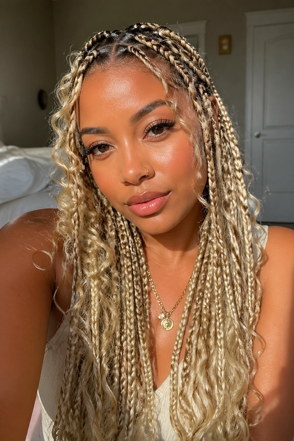 Close-up of a real woman wearing blonde boho braids with loose curls framing her face