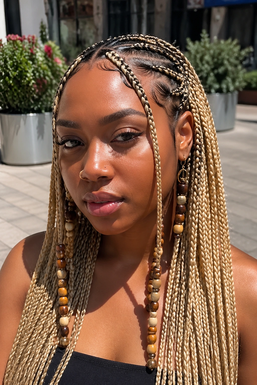 Close-up of a real woman with blonde Fulani braids beads and face-framing cornrows