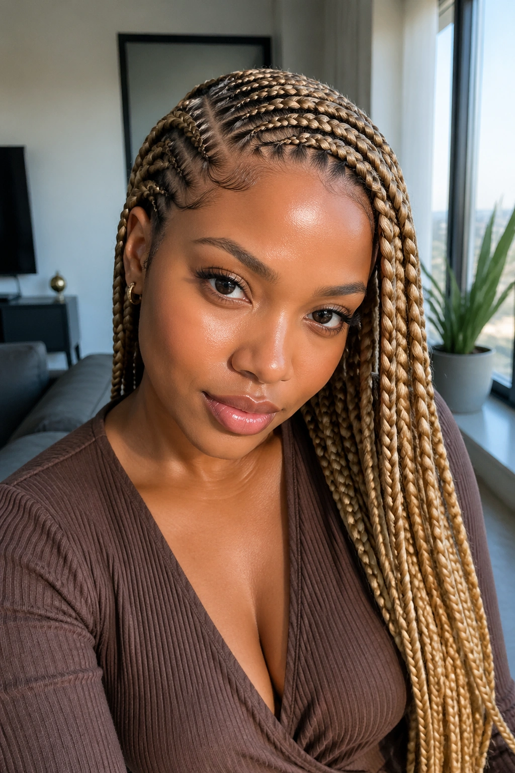 Close-up of a real woman with blonde Ghana braids and a sleek side part