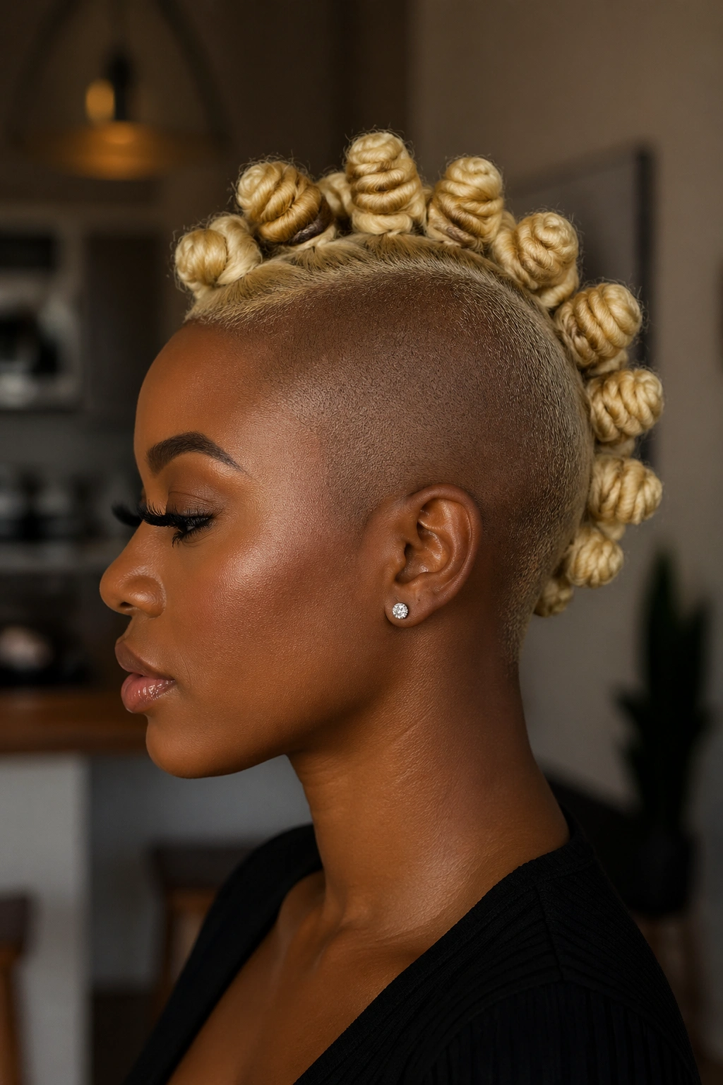 Close-up of real person with blonde knot mohawk and slicked sides.