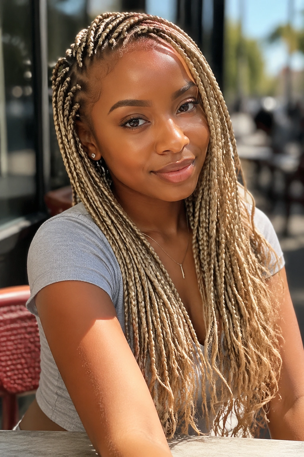 Close-up of a real woman with blonde knotless braids and soft ends