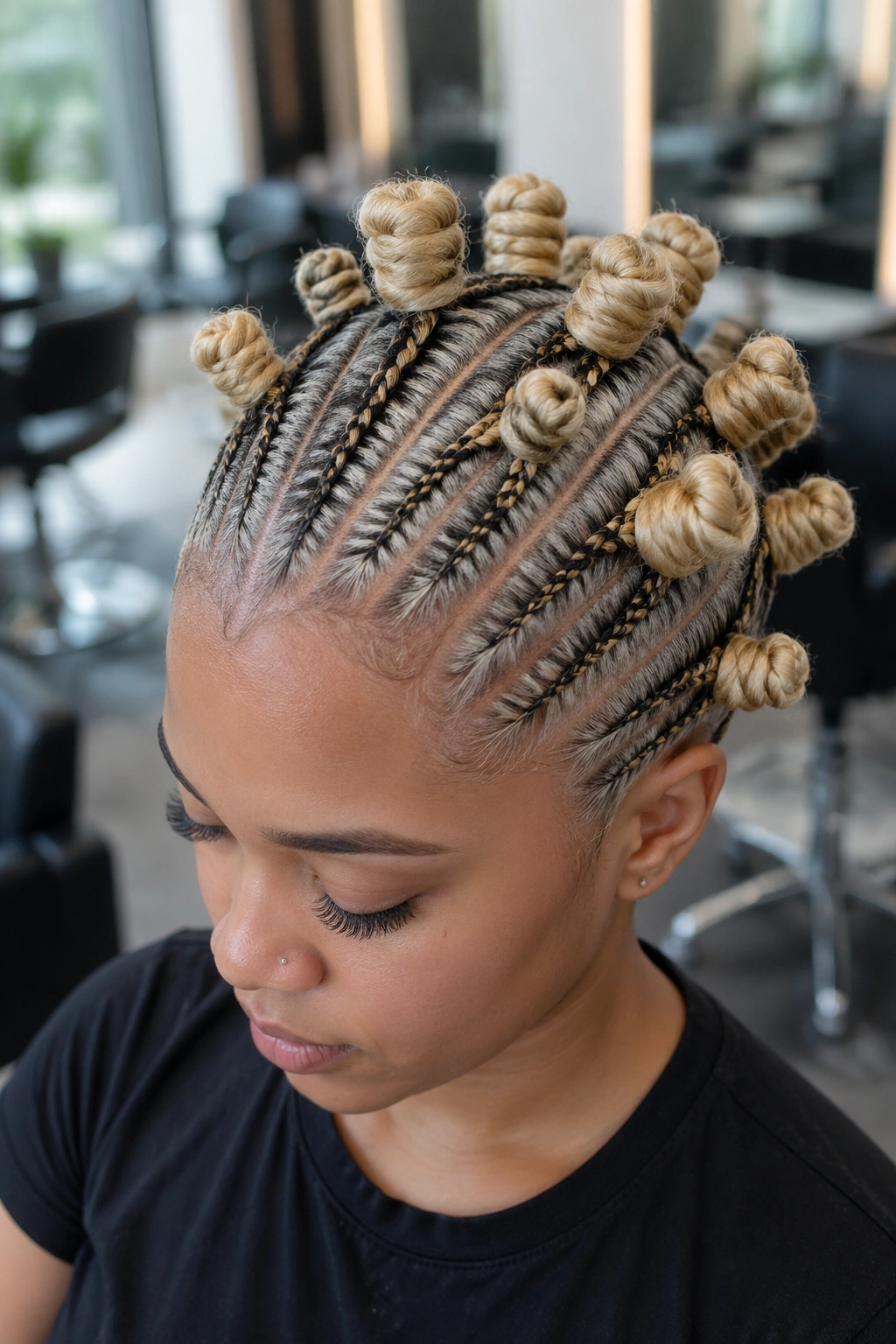 Real person displaying blonde knots with feed-in braids