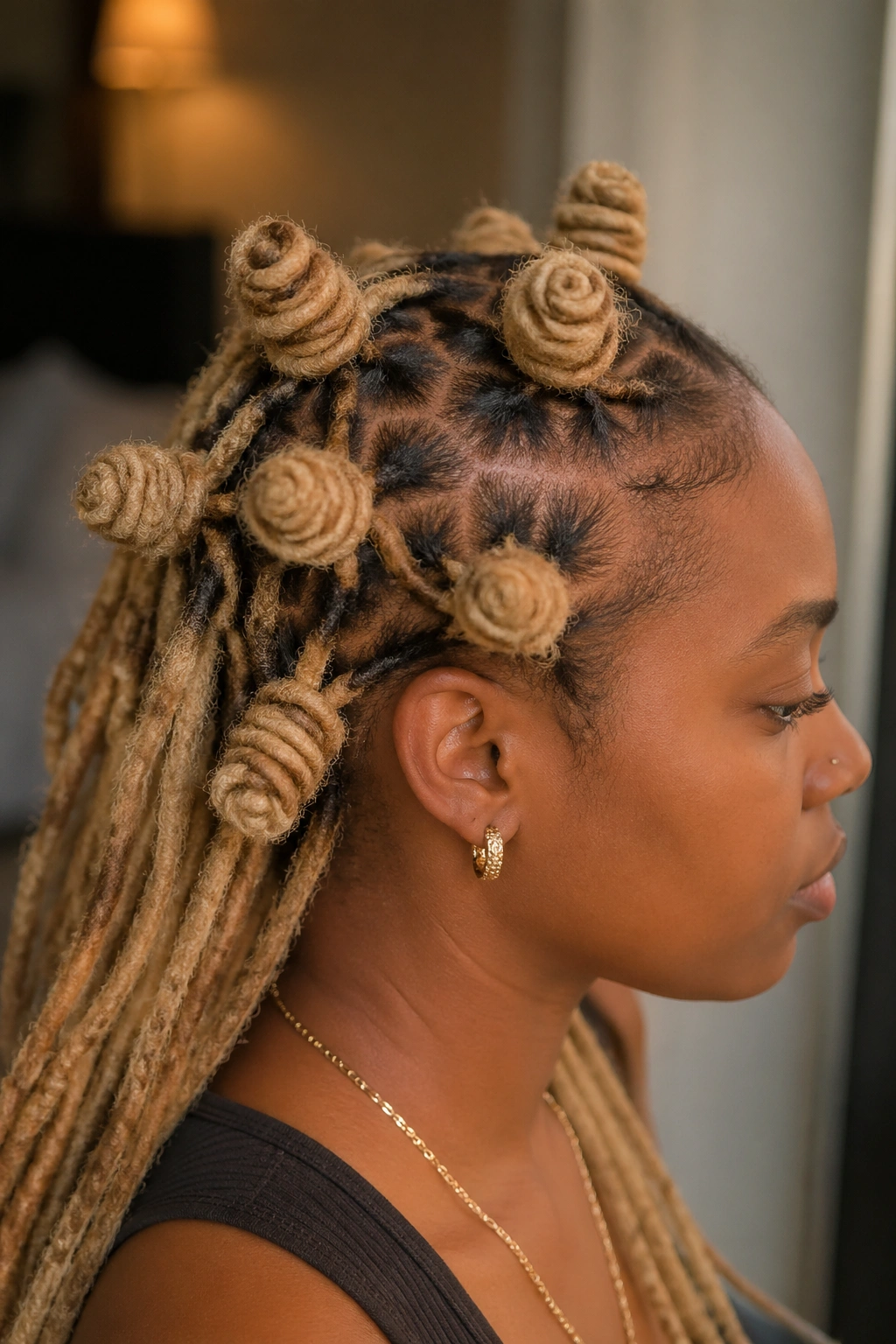 Close-up of blonde Bantu knots on locs on a real person
