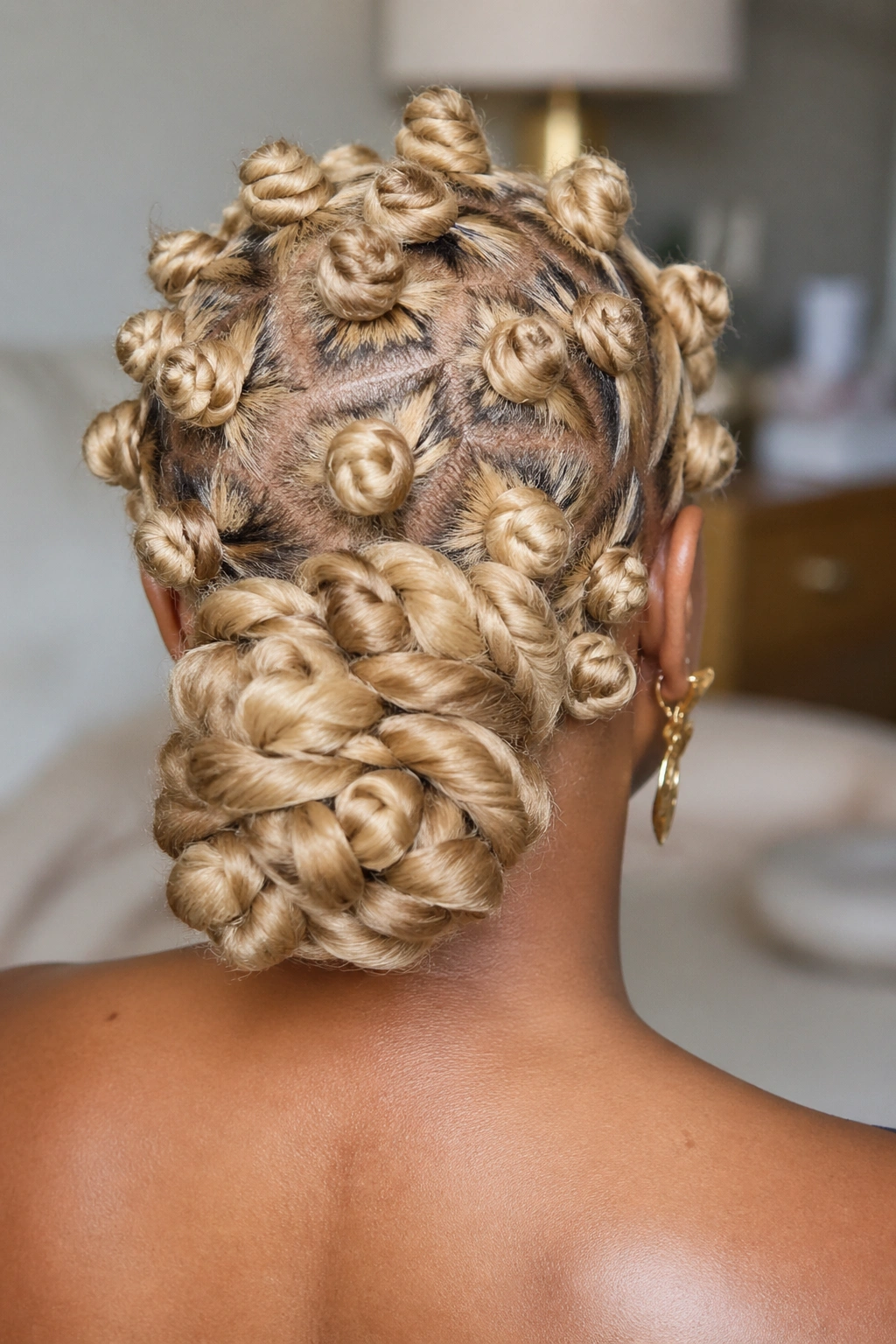 Back view of a real person with blonde knots gathered into a low bun