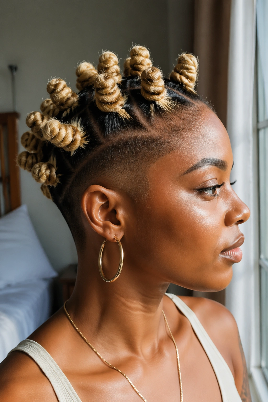 Profile of a real person with blonde knot top and tapered sides.
