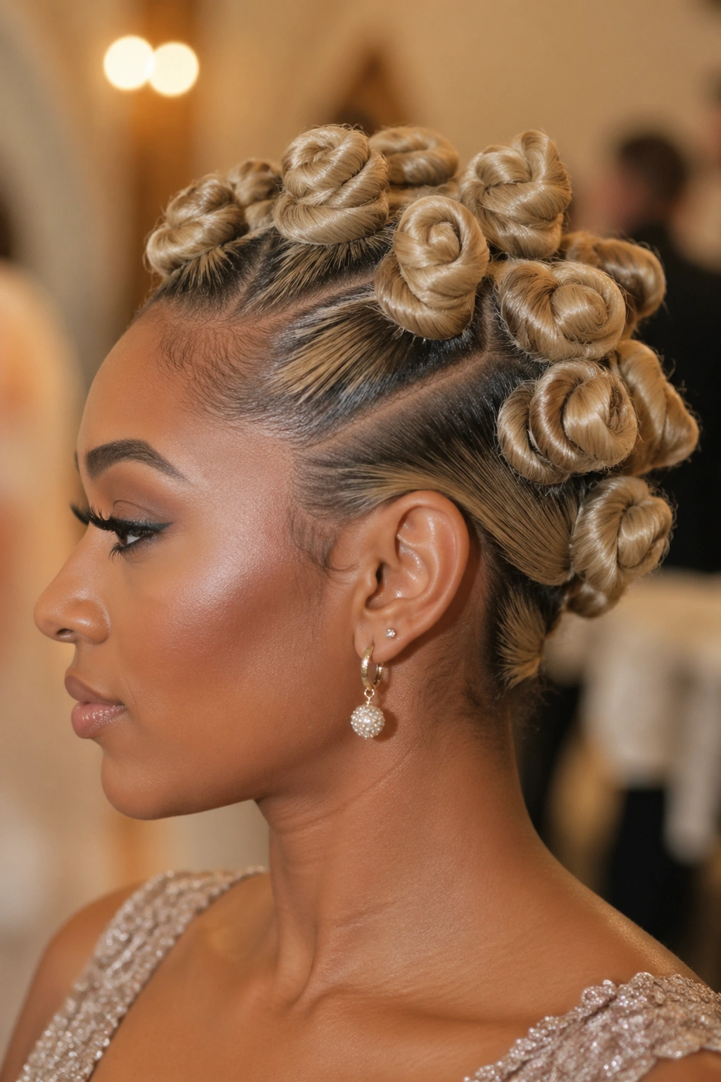 Profile shot of real person with dressier updo made from blonde knots