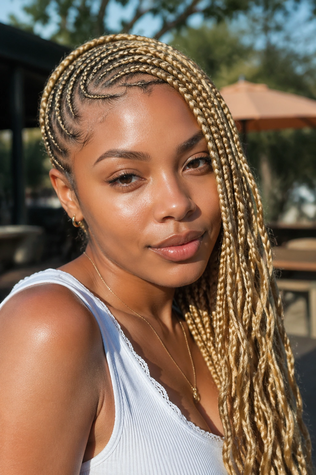 Close-up of a real woman with blonde lemonade braids swept to one side