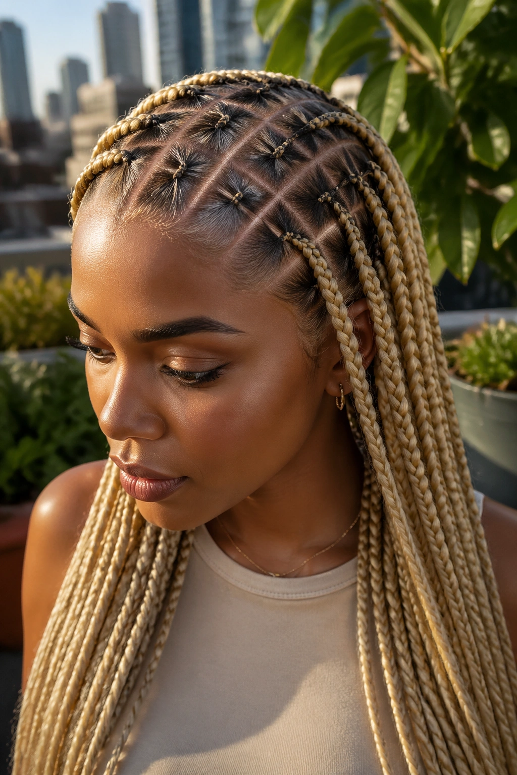 Close-up of a real woman with blonde stitch braids forming a geometric pattern