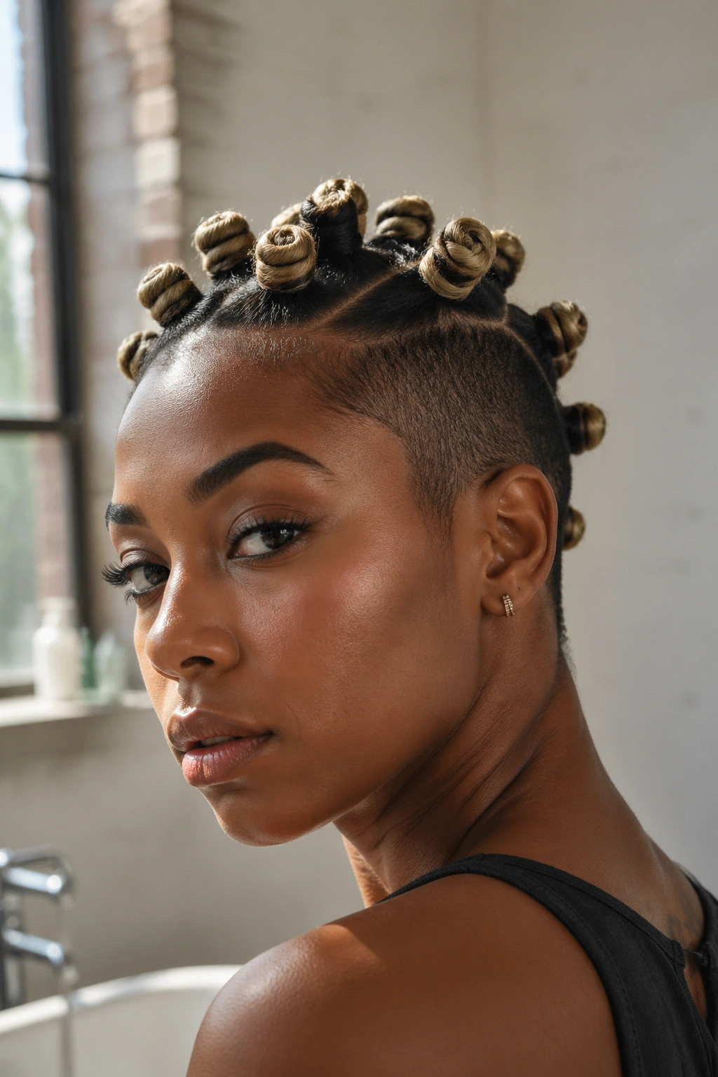 Close-up of a real person with blonde-tipped knots over dark shaved sides.