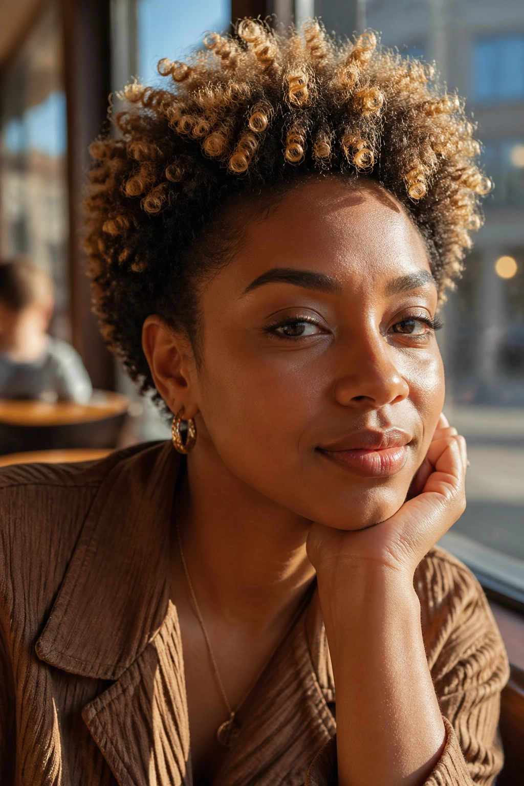 Close-up of a real person with blonde-tipped short curly afro in a sunny cafe