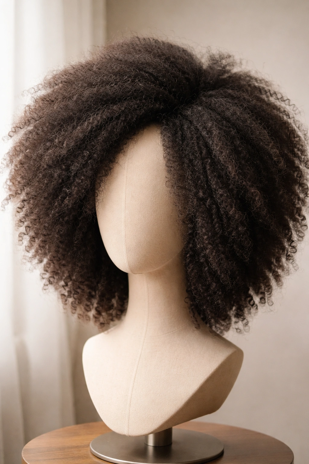 Close-up of Blowout-Texture Afro Wig on a head form showing loose stretched coils and natural finish