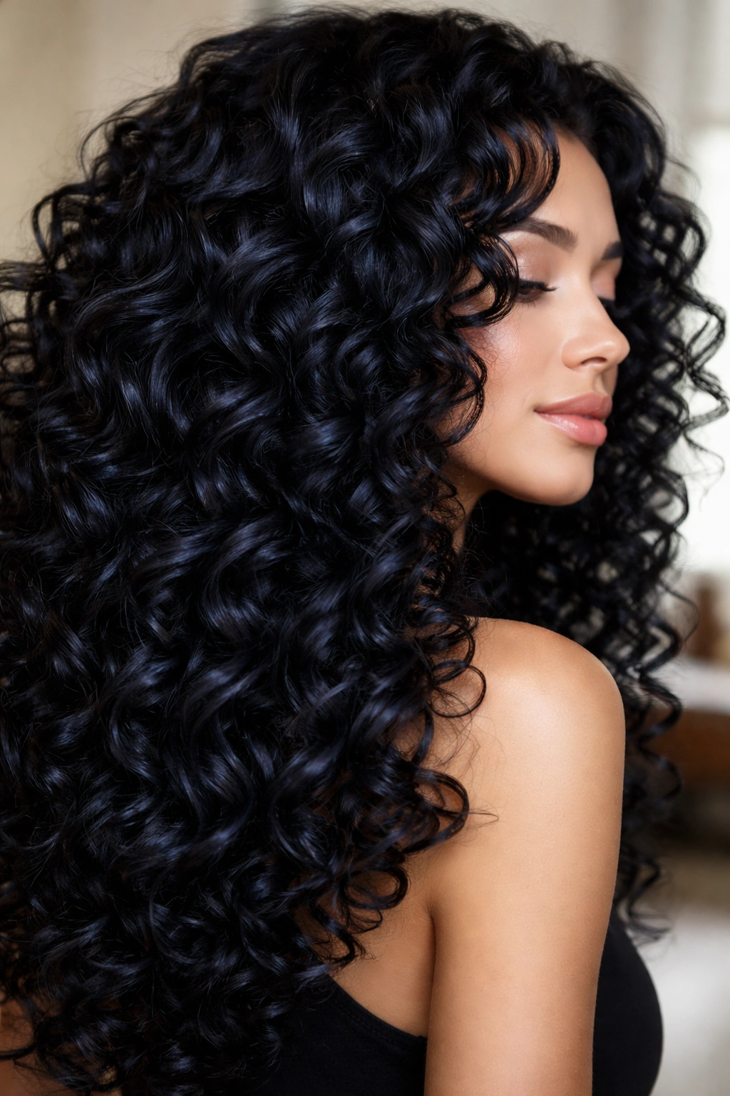 Close-up of curls in blue-black shine with velvet-like depth