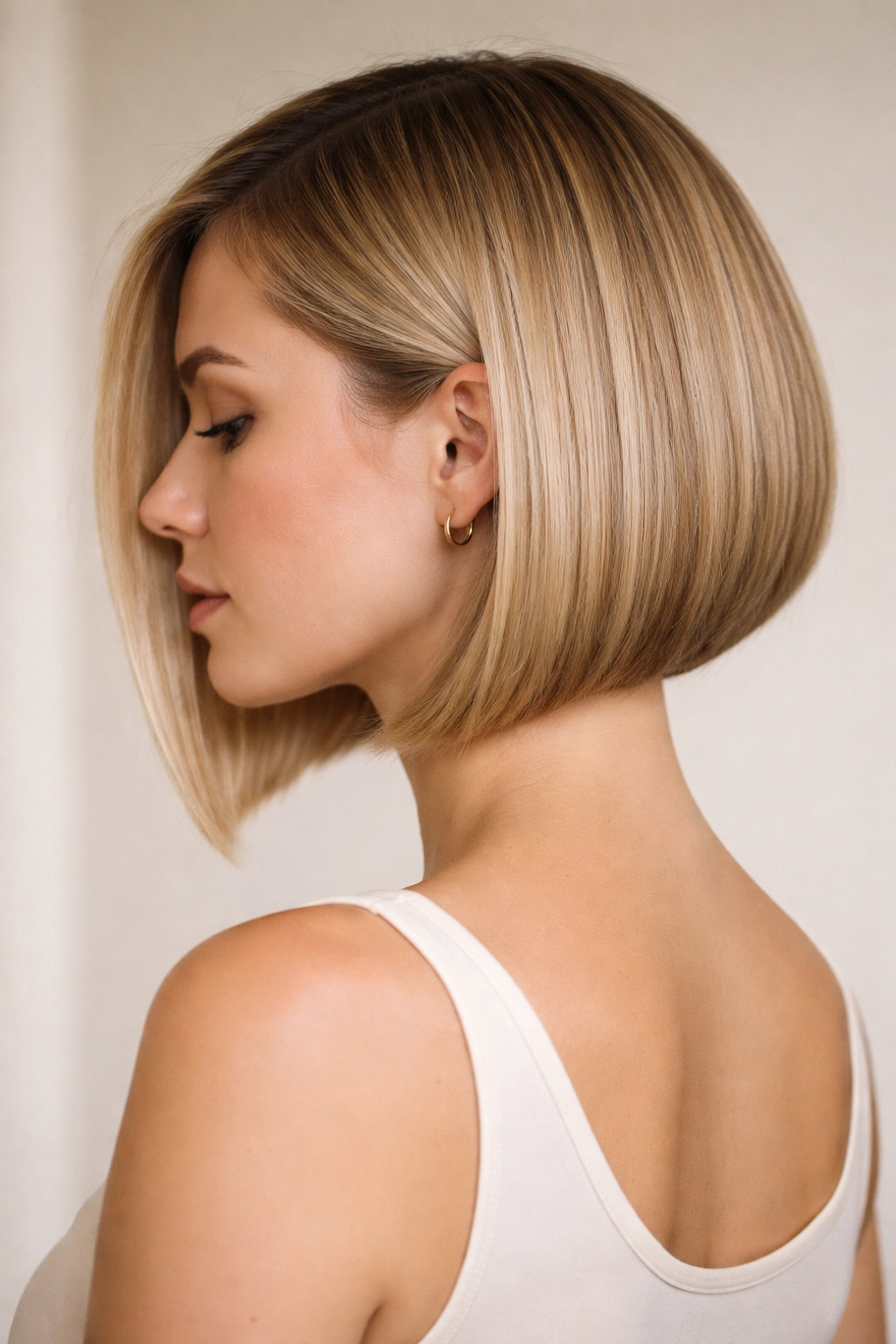 Head-and-shoulders of blunt A-line bob for fine hair showing crisp edge.