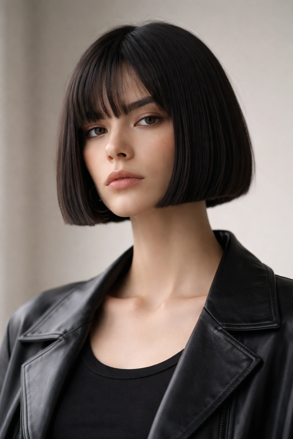 Close-up of a model with a blunt chin-length bob and crisp, straight ends