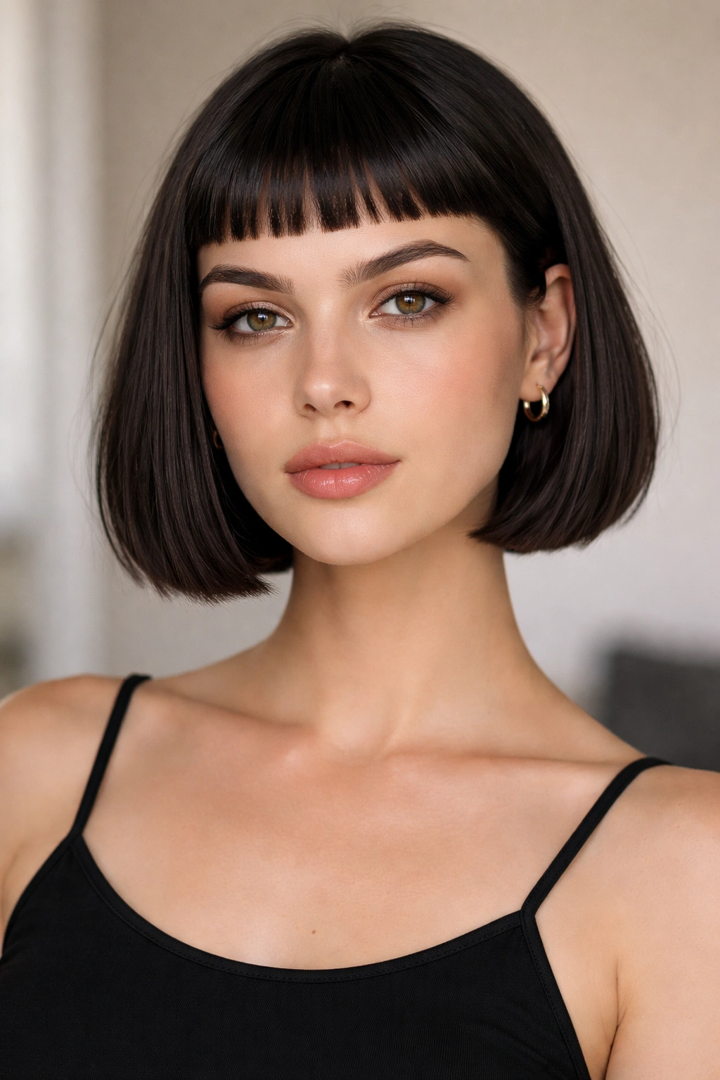 Chin-length blunt bob with baby bangs on a model
