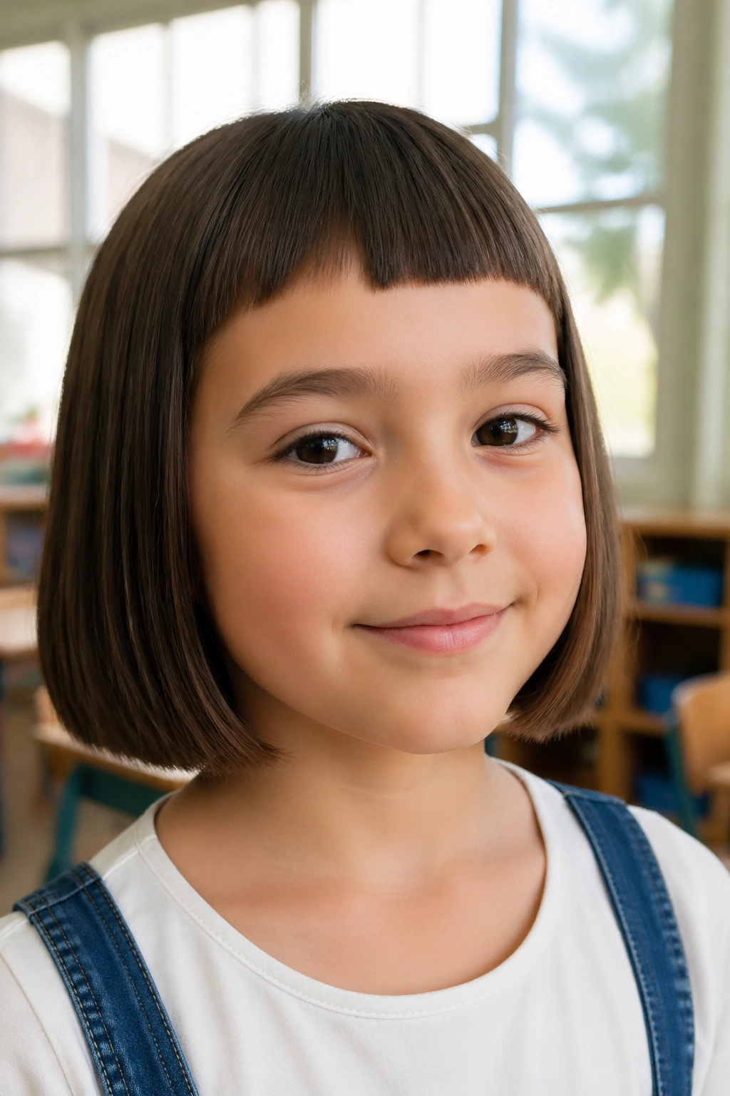 Real child girl with blunt jaw-length bob and baby bangs in a well-lit classroom setting.