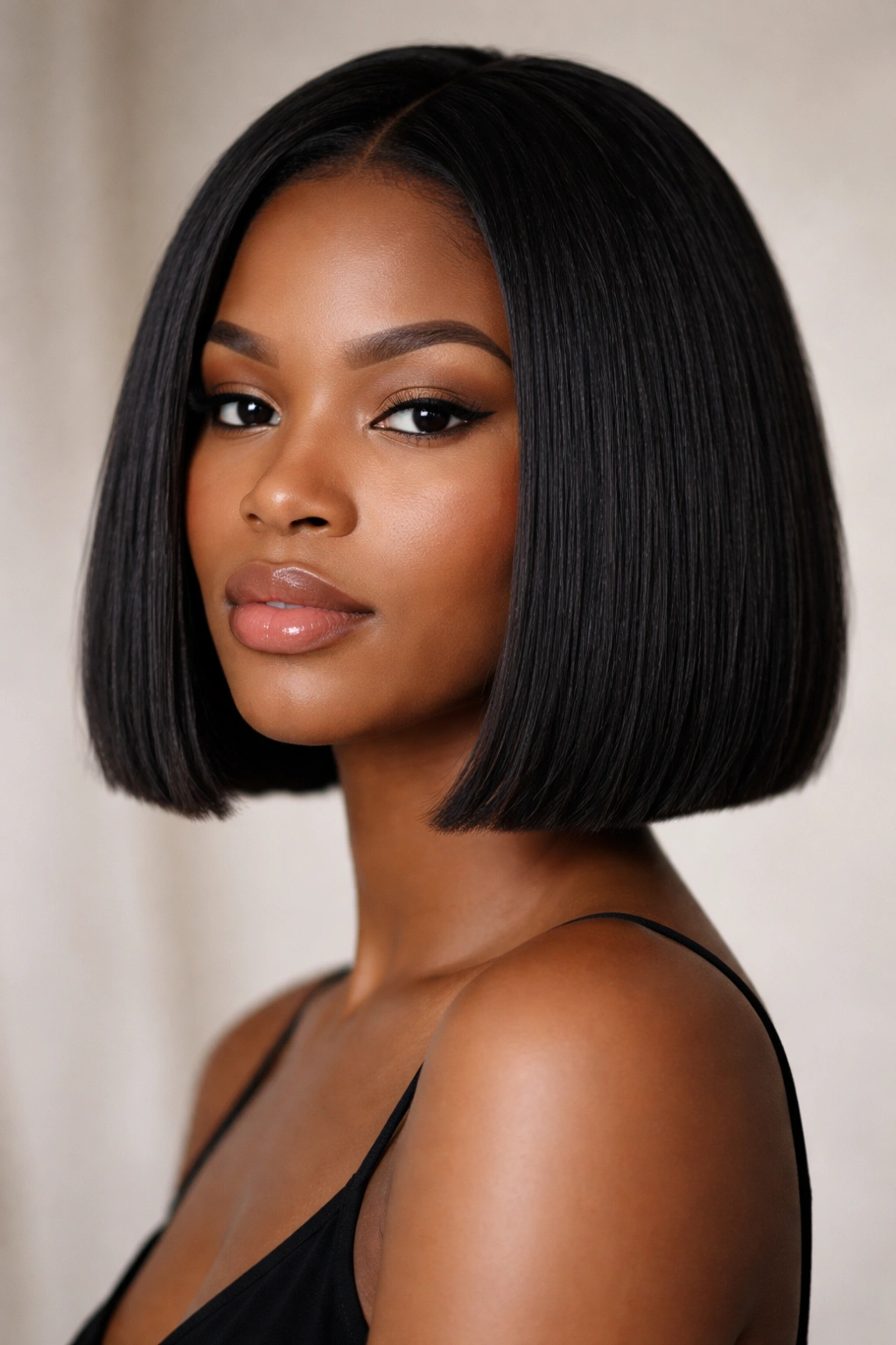 Close-up portrait of a Black woman with a chin-length blunt bob and sharp jawline