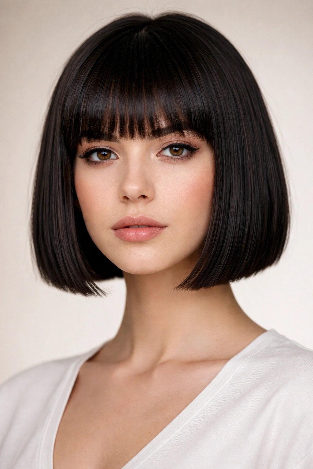 Close-up of blunt micro bob with brow-grazing bangs showing a sharp jaw-length edge