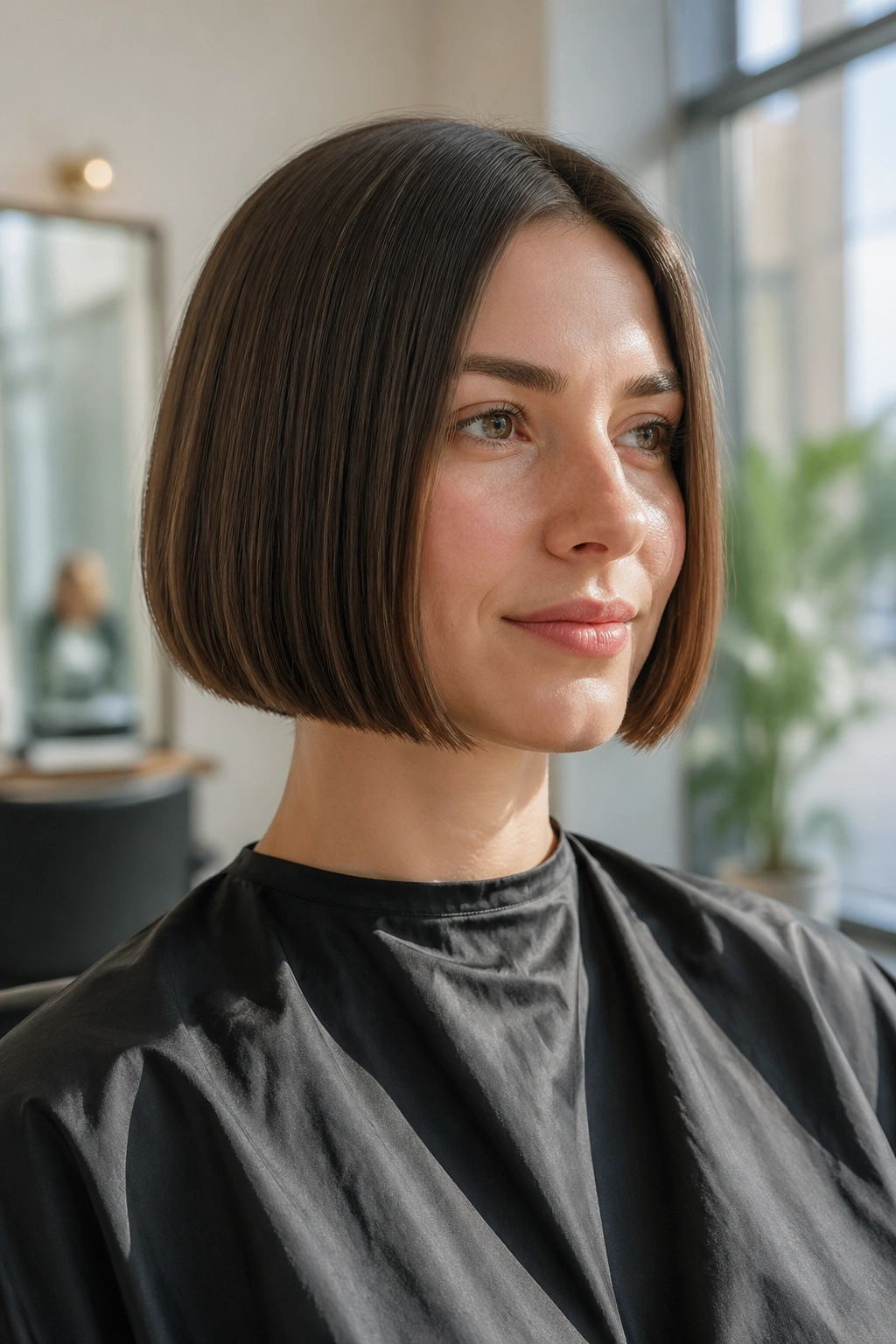 Close-up portrait of a real woman with a blunt chin-length bob in sunlit salon lighting