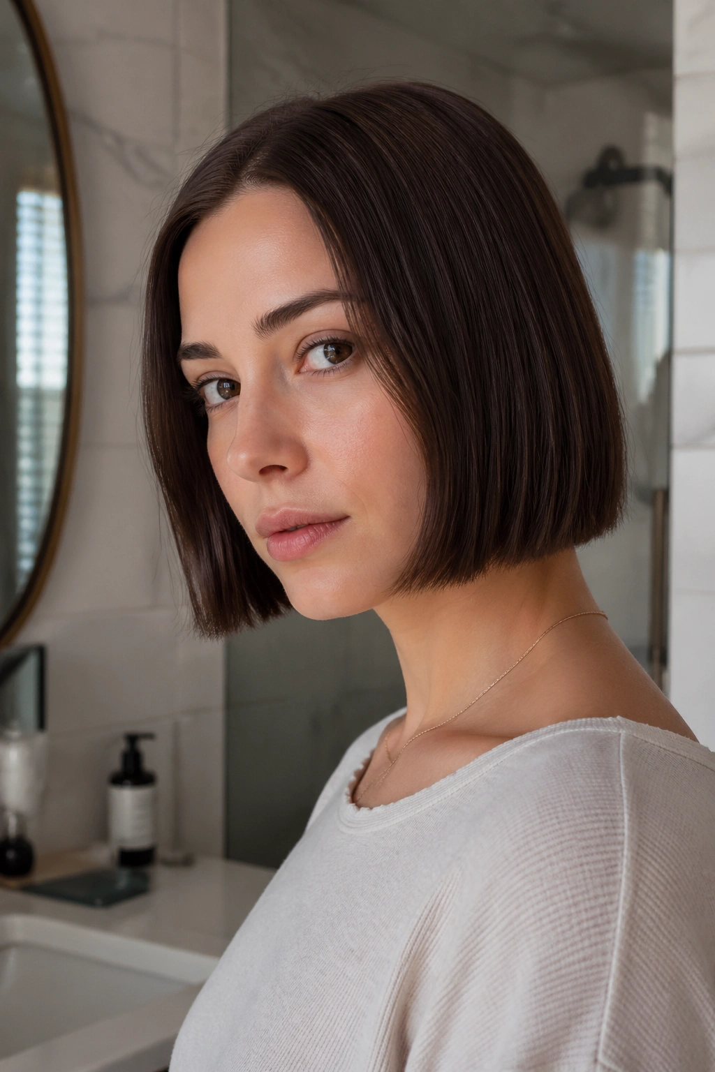 Close-up of a real woman with a chin-length blunt bob under soft morning light