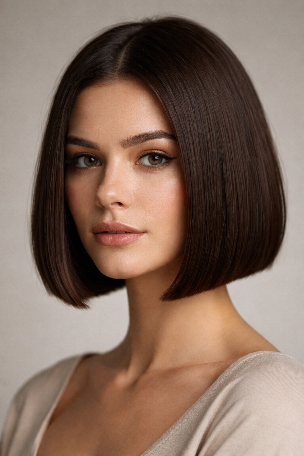 Close-up of a blunt chin-length dark brown bob with a sharp edge