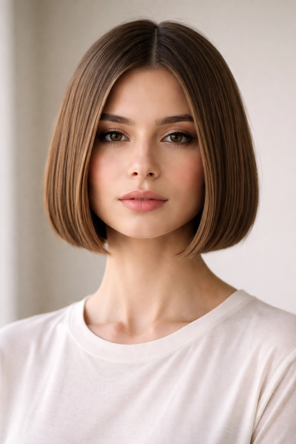 Close-up of blunt chin-length bob with crisp edge and straight ends in studio lighting