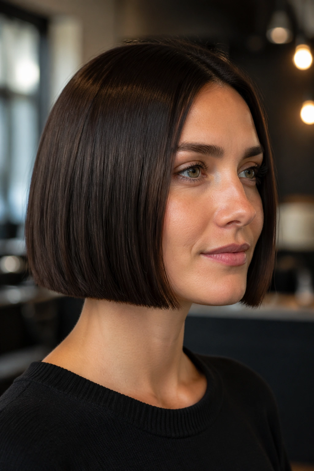 Close-up of blunt chin-length military bob with crisp edge on real person