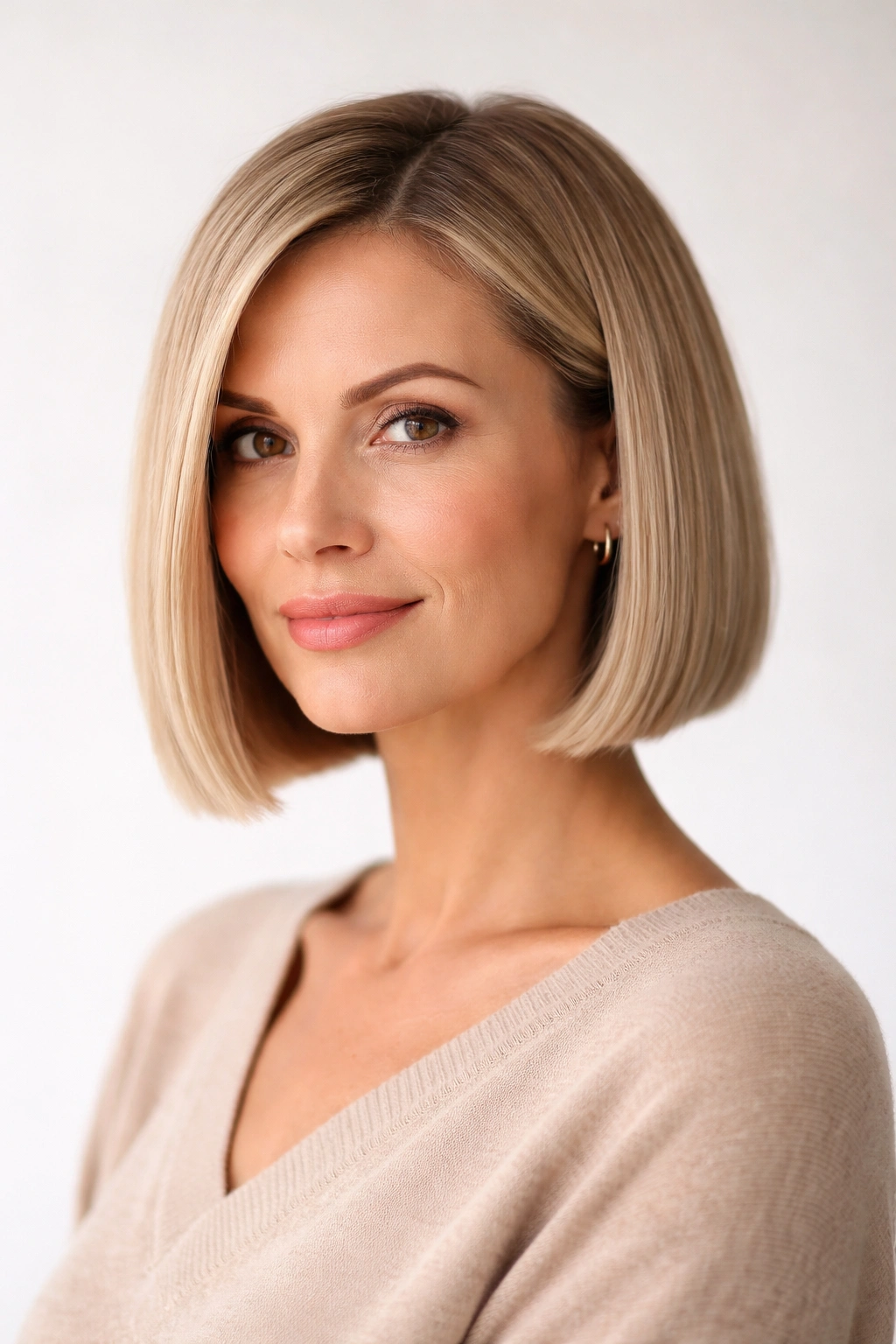 Portrait of a woman with a blunt bob and clean ends, showing a crisp straight line