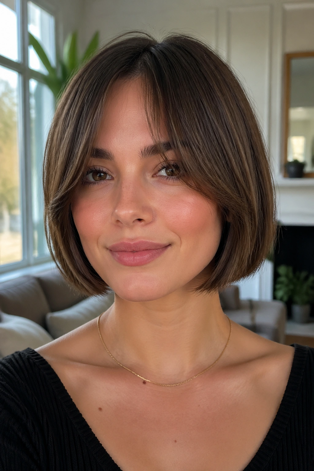 Portrait of a real woman with blunt bob and curtain bangs