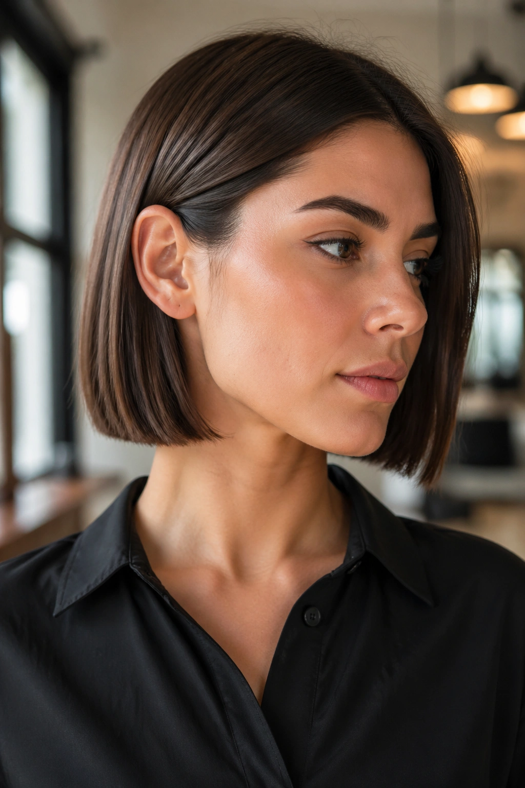 Close-up of a woman with chin-length blunt bob tucked behind one ear
