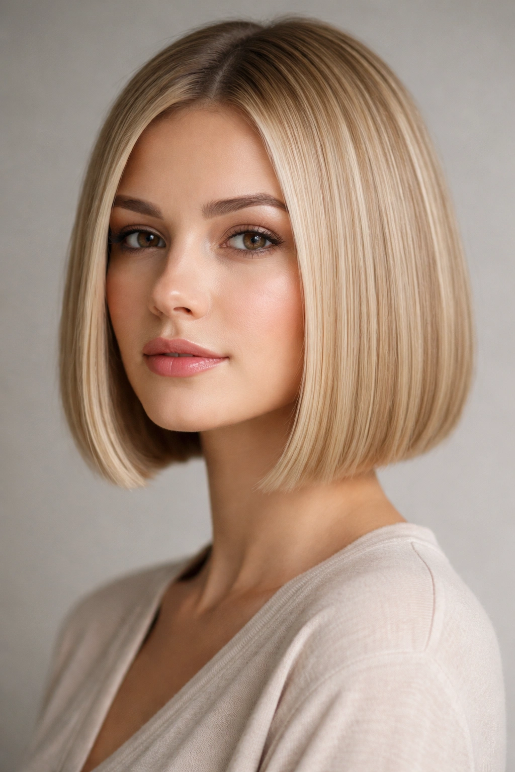 Close-up of a model with a chin-length blunt bob and sharp edge emphasizing dense-looking fine hair