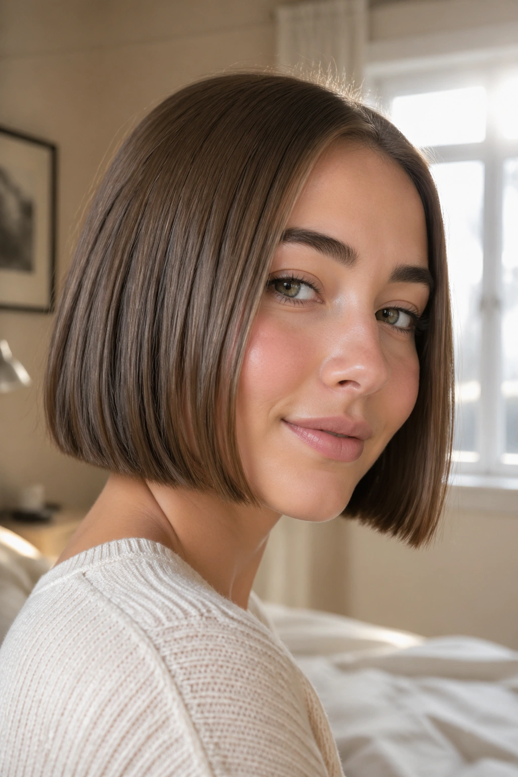 Close-up of a person with a blunt bob that makes fine hair look fuller