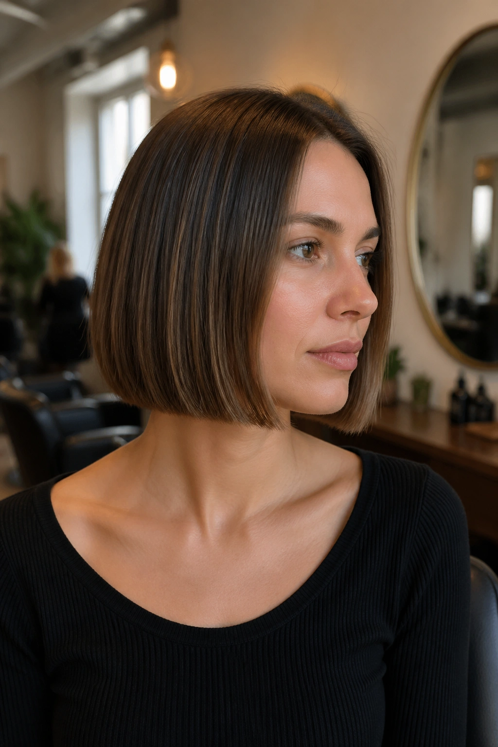 Close-up of a real person with a chin-length blunt bob under warm window light
