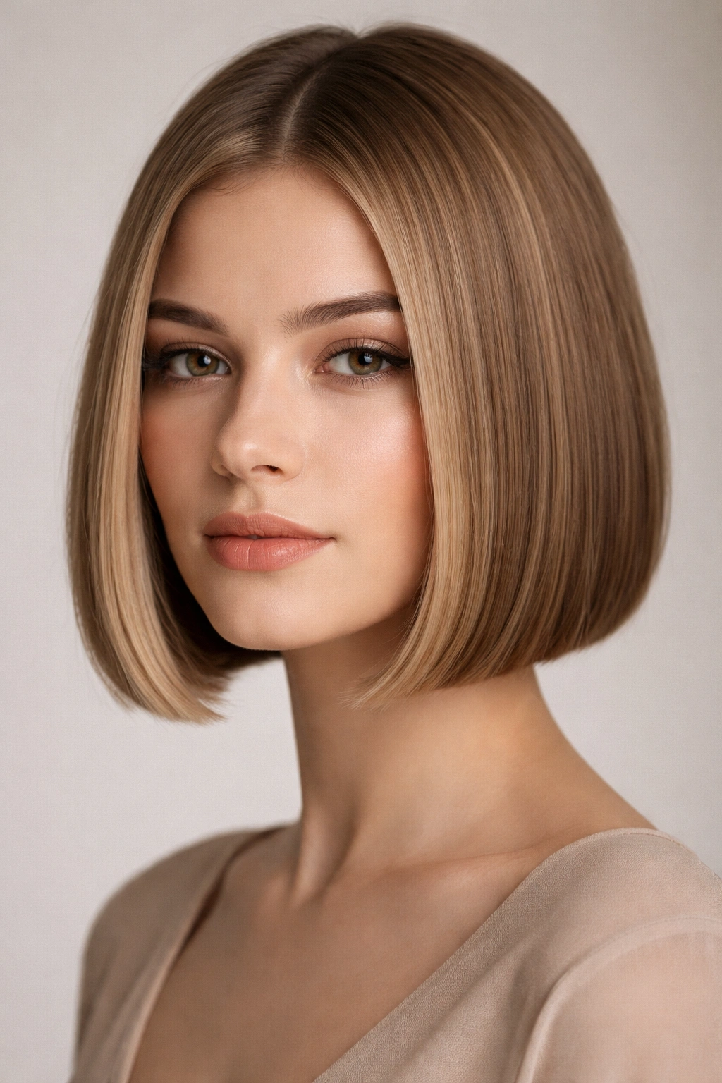 Close-up of a blunt chin-length bob with crisp edges and dense ends