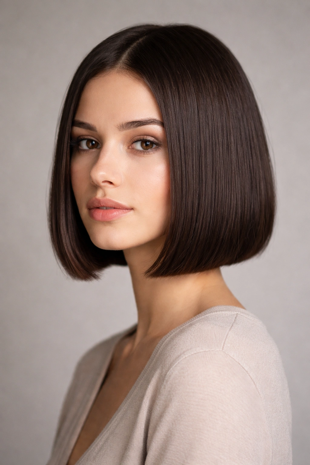Close-up portrait of a blunt bob with a crisp jawline edge and dense, even ends