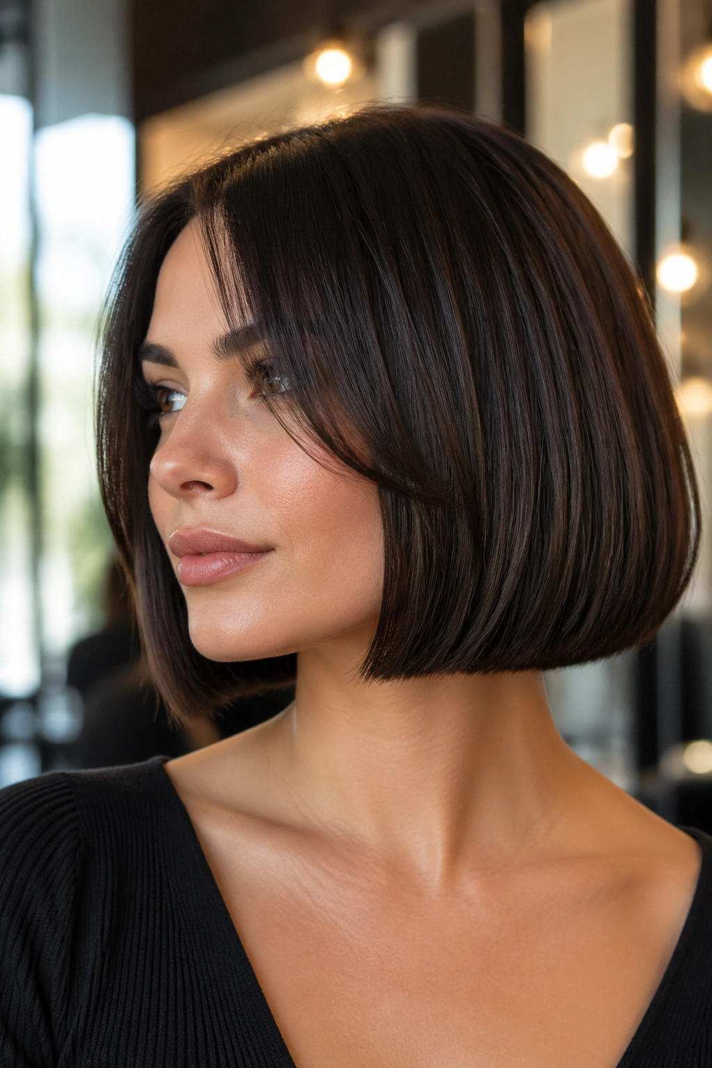 Close-up of a real woman with a blunt bob featuring hidden interior layers along the jawline